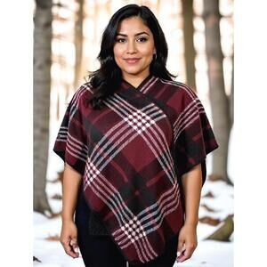 Ike Behar Plaid Reversible Sherpa Wrap Poncho Shawl One Size Burgundy Black